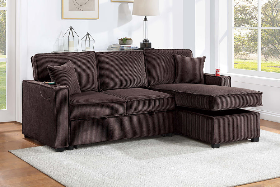 Contemporary Style Convertible Sectional Cup Holder USB And USB-C Port Storage Chaise Matching Pillows Pull Out Extension Chocolate Finish Primary Living Room - primary color shot