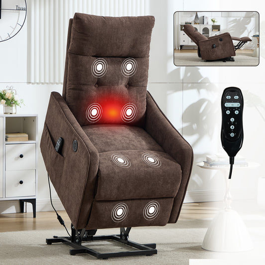 Brown Chenille Single Motor Power Lift Recliner Chair with Massage and Heat for Elderly - primary color shot