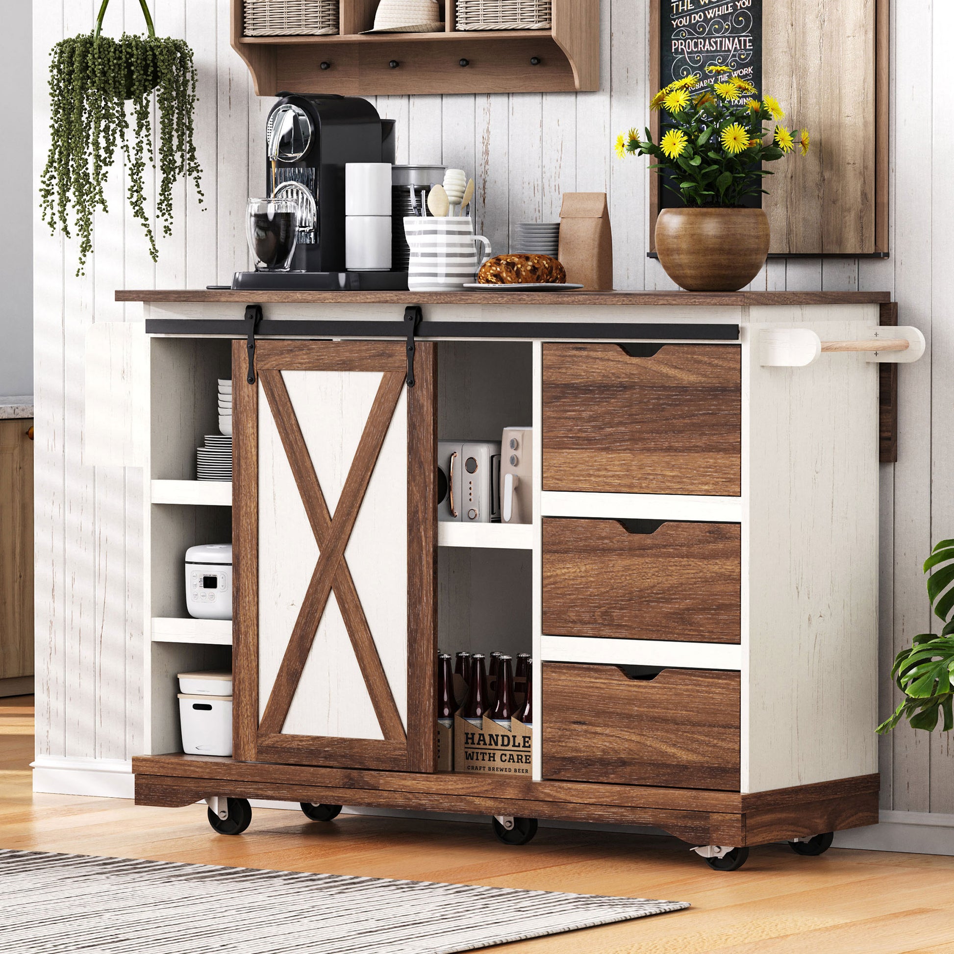 K&k 55.5' Farmhouse Kitchen Island with Drop Leaf - White - primary color shot
