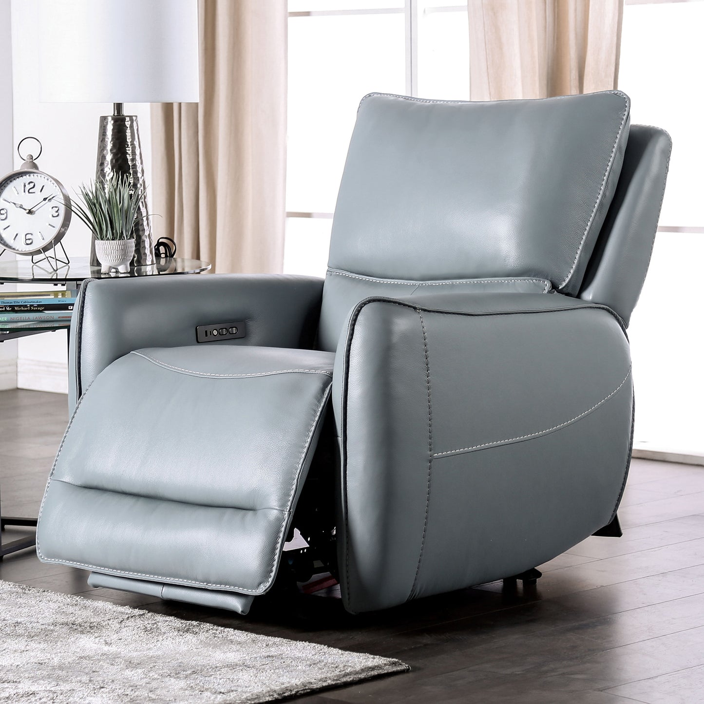 Phineas Leather Power Reclining Chair - Pale Blue