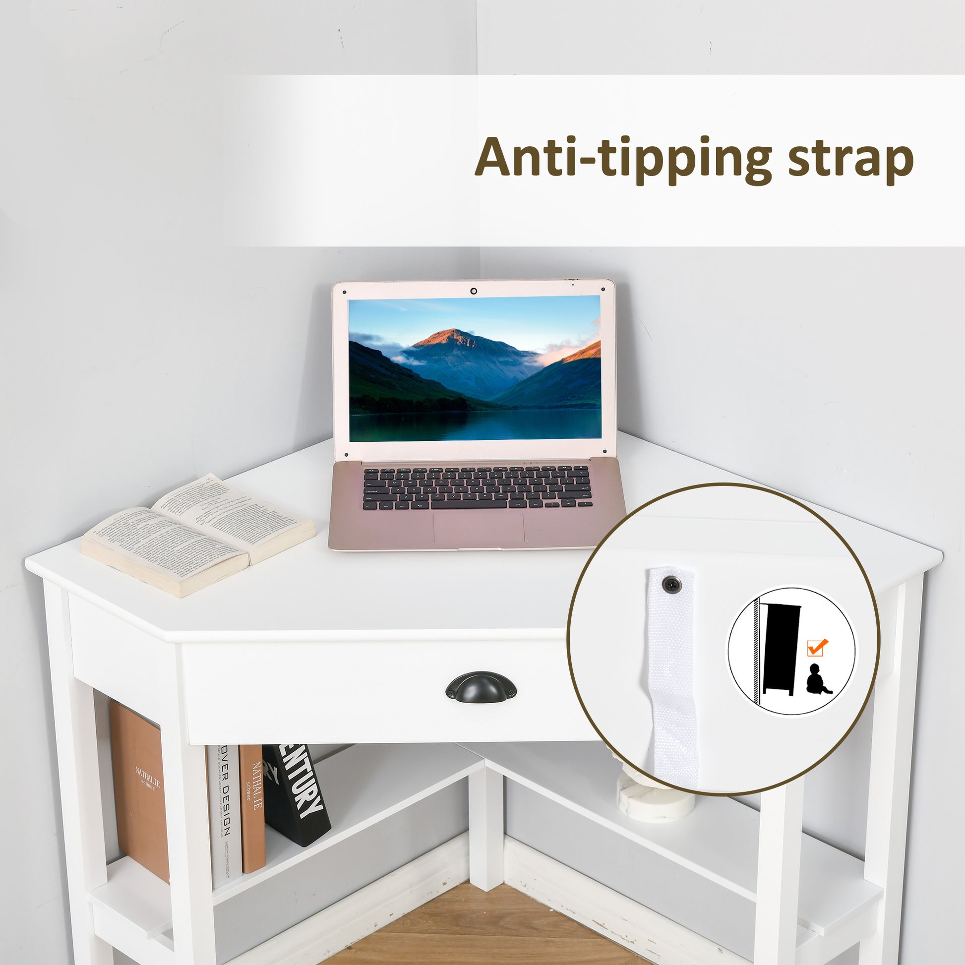 Sylas Corner Desk, Triangle Computer Desk with Drawer and Storage Shelves, White