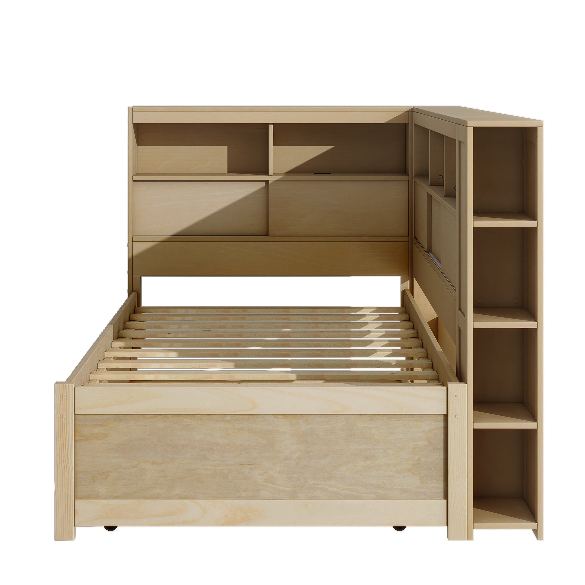 Auden Twin Size Wood Daybed with Storage Shelves, USB and Trundle, Natural