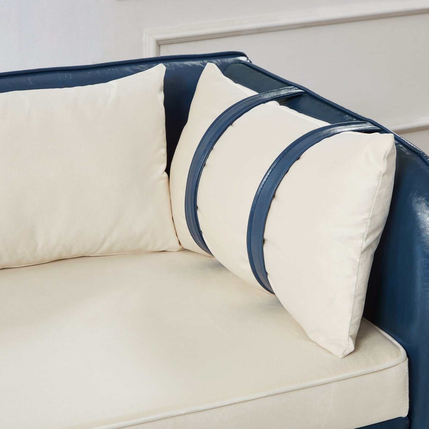 65" Storage Chaise Lounge Sofa Navy Blue PU & Beige Velvet - detail view 5
