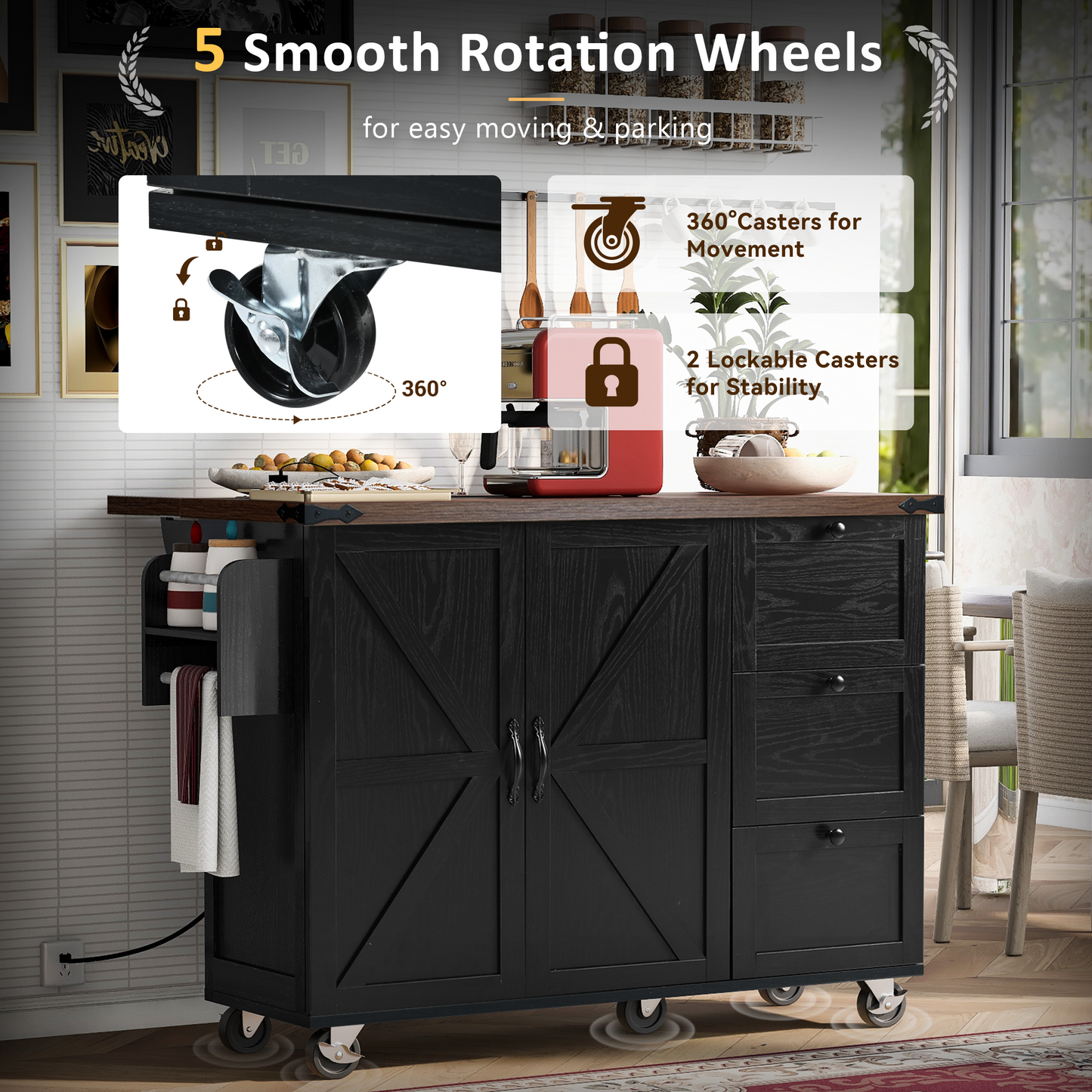 K&k 54.5' Farmhouse Kitchen Island with Power Outlet - Black - detail view 7