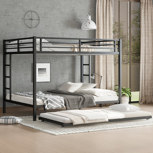 Queen over Queen Metal Bunk Bed with Twin Size Trundle - Black - primary color shot