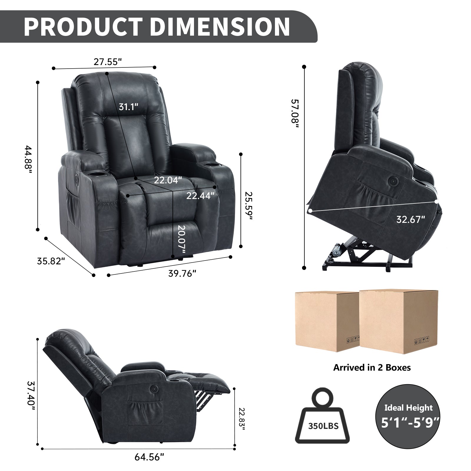 Dark Grey PU Linfinite Position Up to 350 LBS Power Lift Recliner Chair for Elderly - Gray - detail view 2