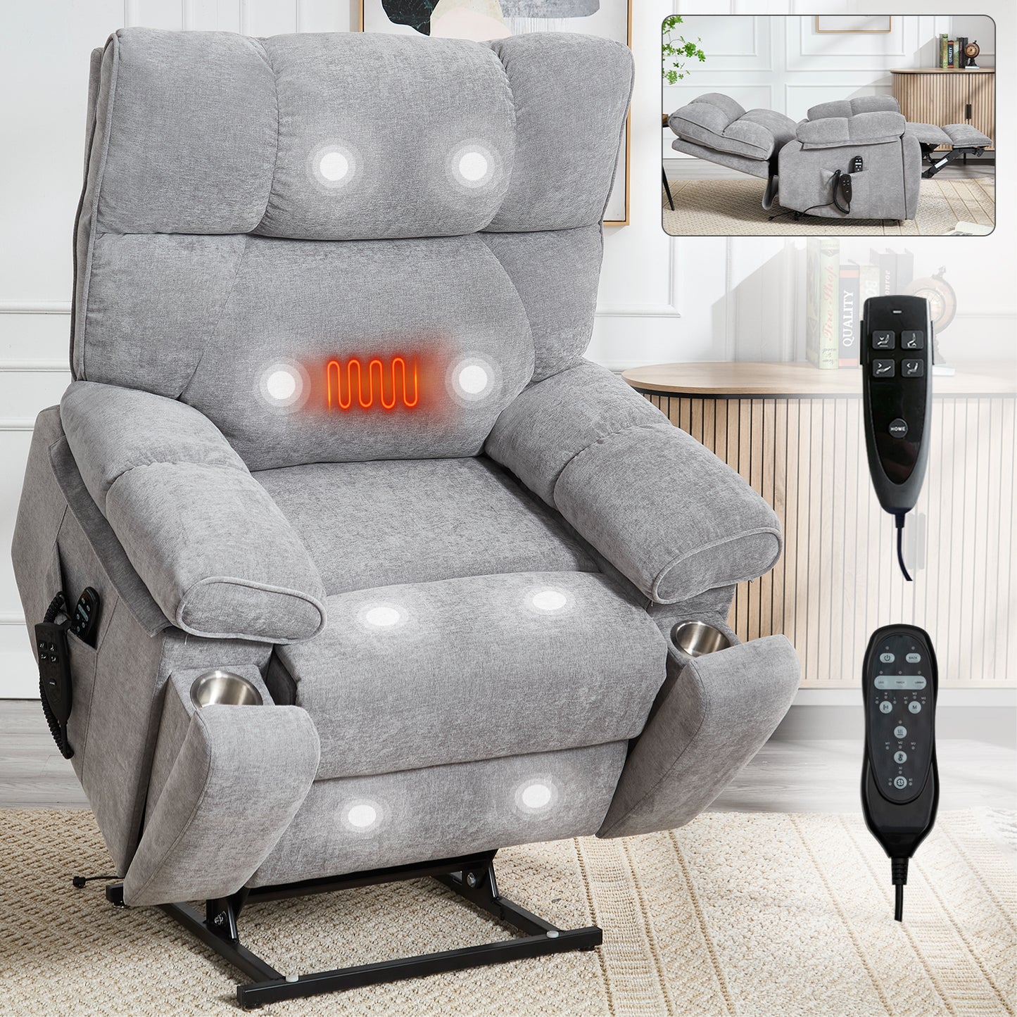 Grey Heat Massage Dual Motor Infinite Position Up to 350 LBS Large Electric Power Lift Recliners with Hidden Cup Holders - Gray - primary color shot