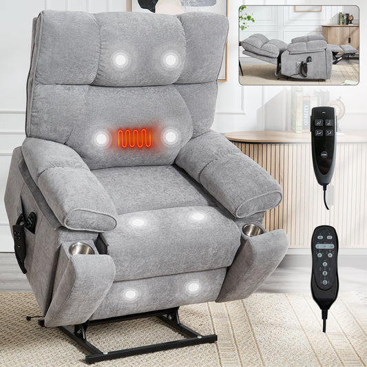 Grey Heat Massage Dual Motor Infinite Position Up to 350 LBS Large Electric Power Lift Recliners with Hidden Cup Holders - Gray - primary color shot