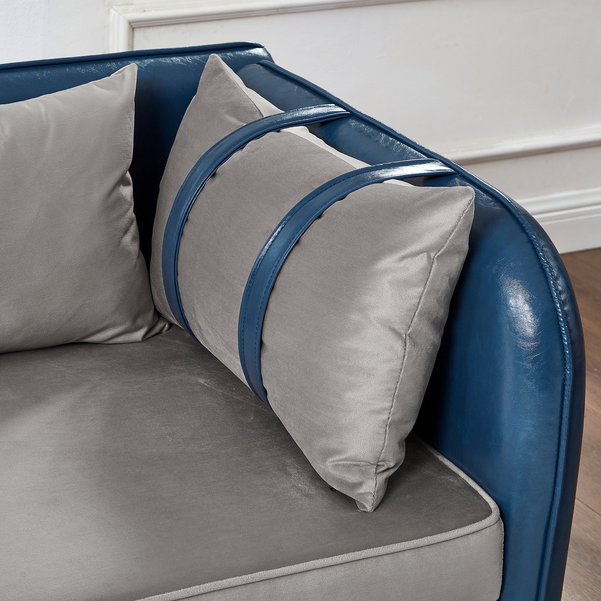 65" Storage Chaise Lounge Sofa Navy Blue PU & Light Gray Velvet - Blue & Grey - detail view 7