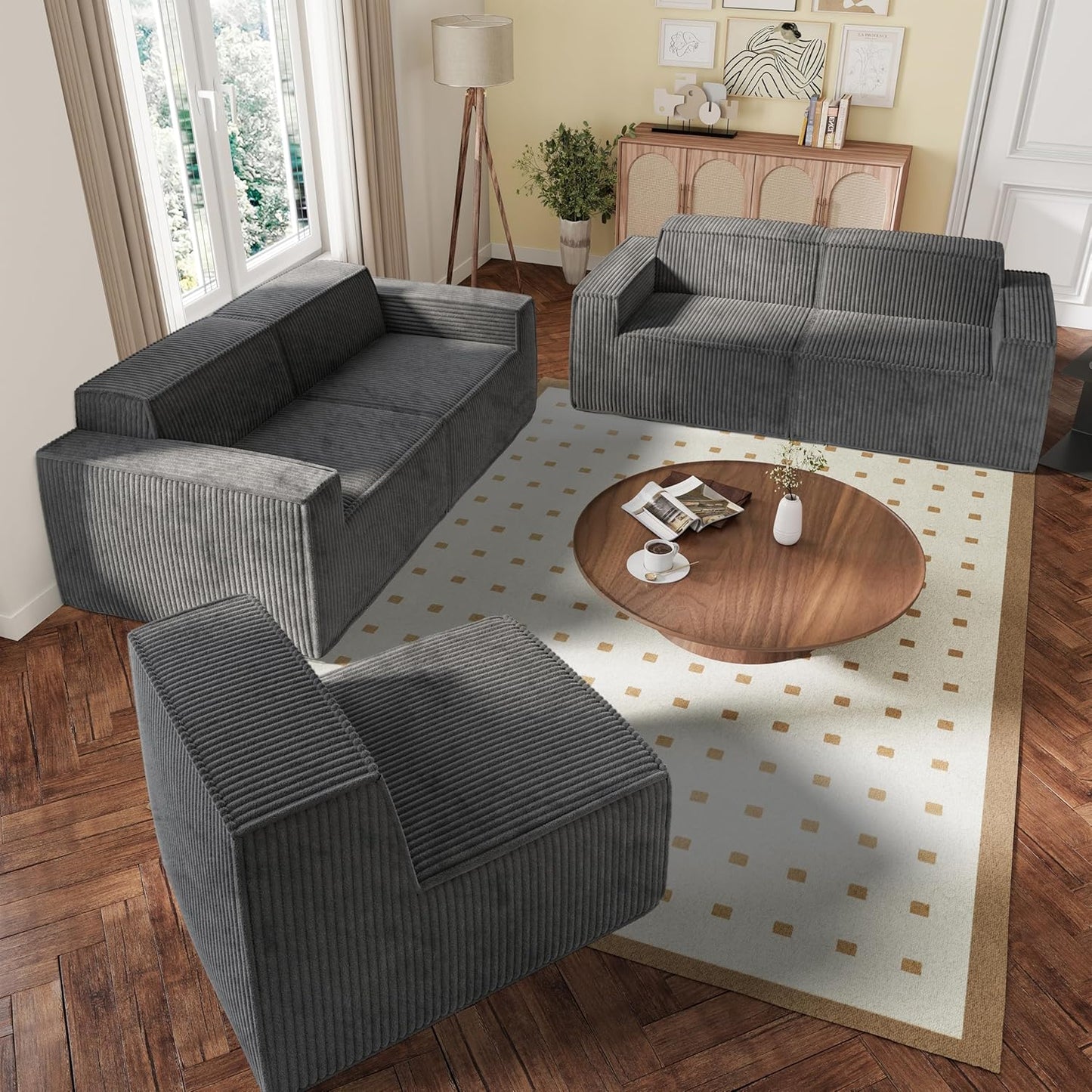 Kimara Modern Chenille Compressed Foam Sofa & Loveseat Set – Black or Gray