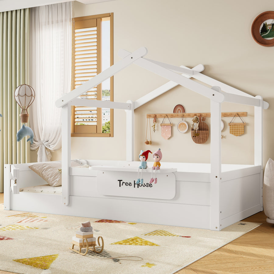 Twin Size Floor Bed with Guardrails and Roof - Light White - primary color shot