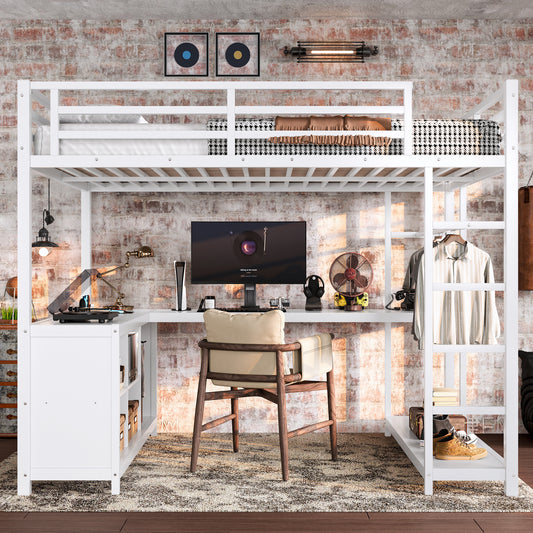 Metal Loft Bed with Wardrobe and L-Shaped Desk - White - detail view 2