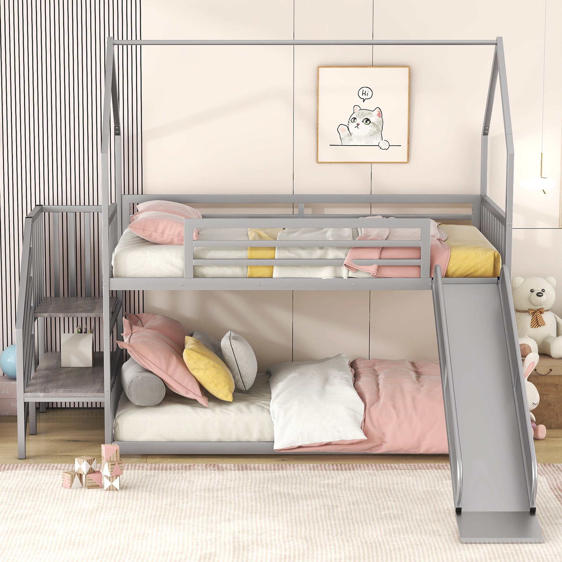 Daniel Twin over Twin Metal Bunk Bed House Bed with Slide and Staircase, Silver
