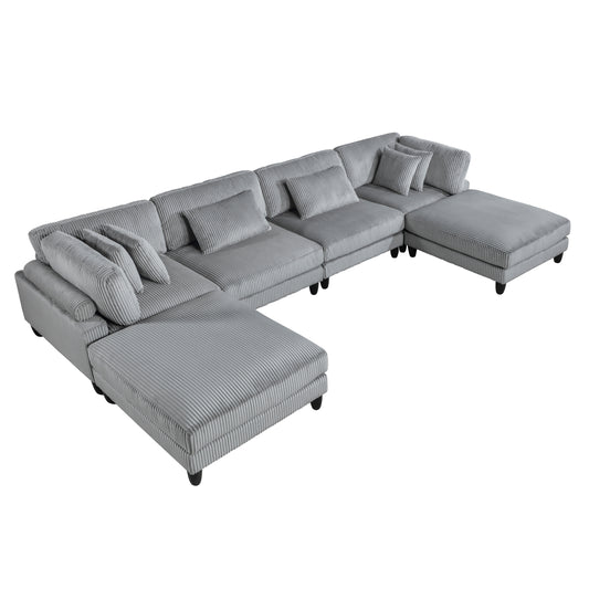 6pc Modular Sectional Set Gray Corduroy Upholstery 2x Armless Chairs 2x Corner Seats 2x Ottomans Pillows Living Room Furniture - detail view 2