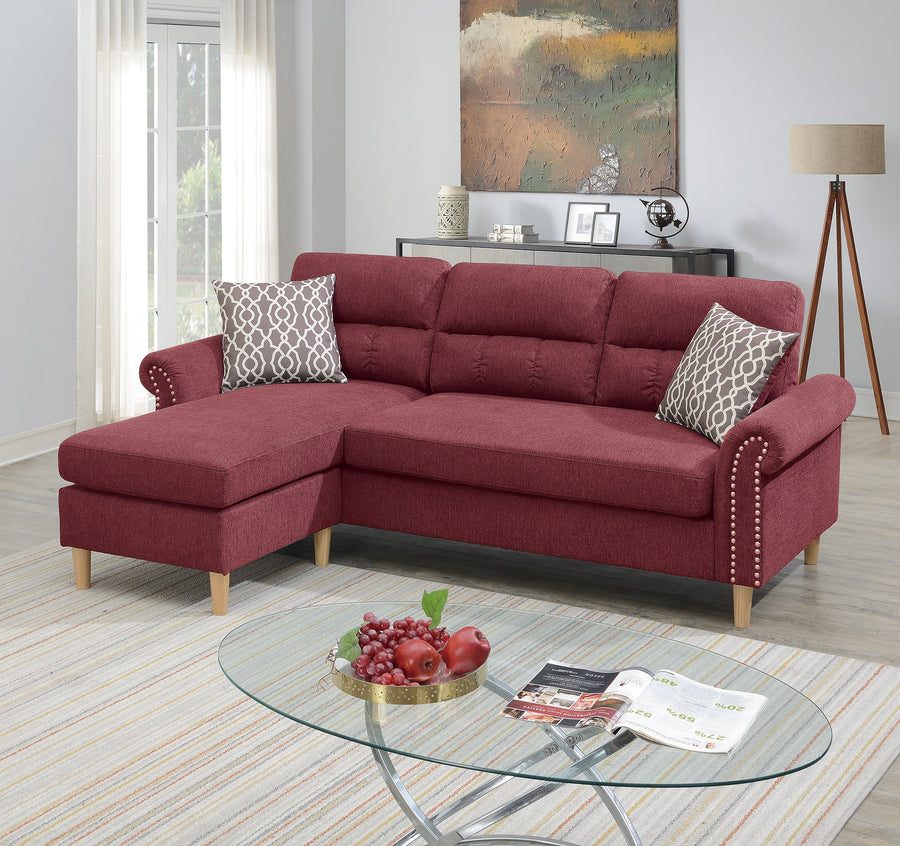 Paparika Red Color Polyfiber Reversible Sectional Sofa Set Chaise Pillows Plush Cushion Couch Nailheads - primary color shot