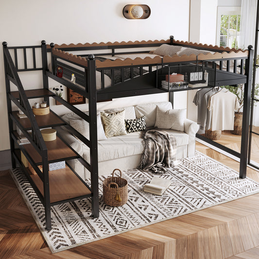 Queen Size Loft Bed with Storage Stairs - Black - detail view 2