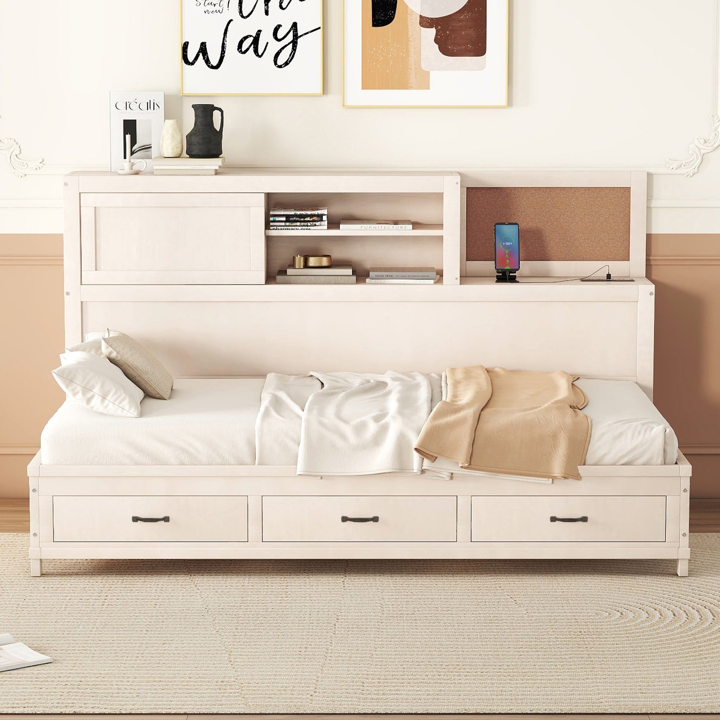Elvienne Twin Size Wooden Daybed with 3 Storage Drawers 3 Colors