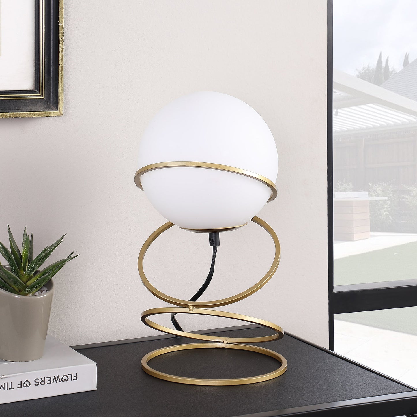 13.5' H Glass Globe Matte Gold Spiral 4 Ring Metal Stand Table Lamp for Living Room, Nightstand Bedside Table Lamp for Bedroom, LED Lamp