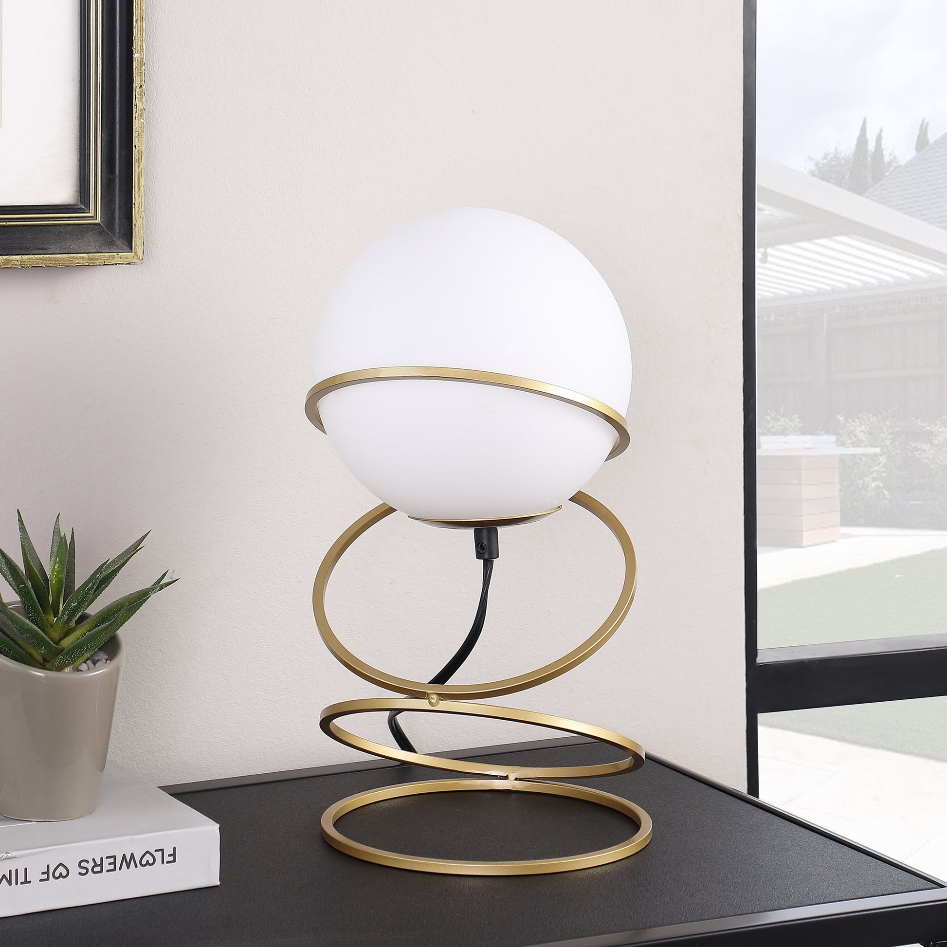 13.5' H Glass Globe Matte Gold Spiral 4 Ring Metal Stand Table Lamp for Living Room, Nightstand Bedside Table Lamp for Bedroom, LED Lamp