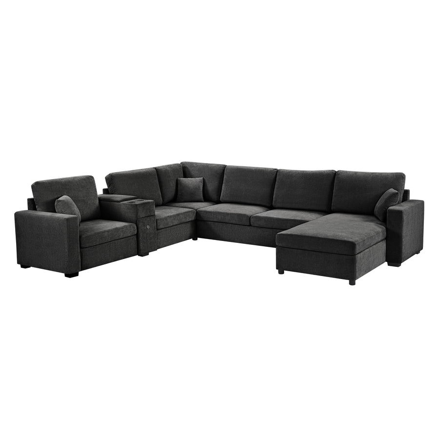 5-Seat Modular Sectional Sofa Couch, 134' U-Shape, Black Chenille Fabric with Chaise Lounge, Deep Seat Comfort, Built-In Cup Holders, Storage Drawer - primary color shot