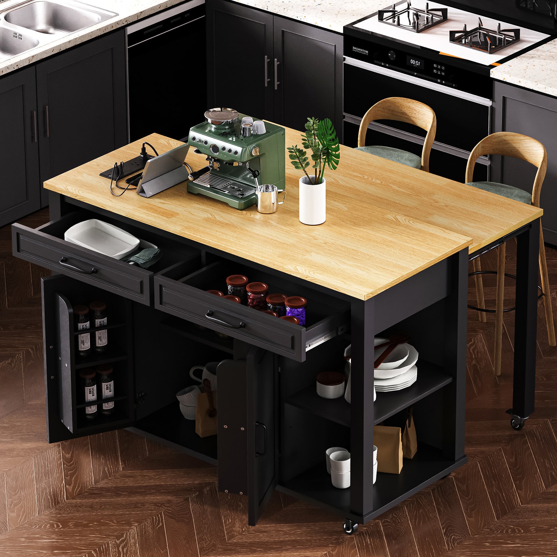 K&k 47" Kitchen Island with Extendable Dining Table - Black - primary color shot
