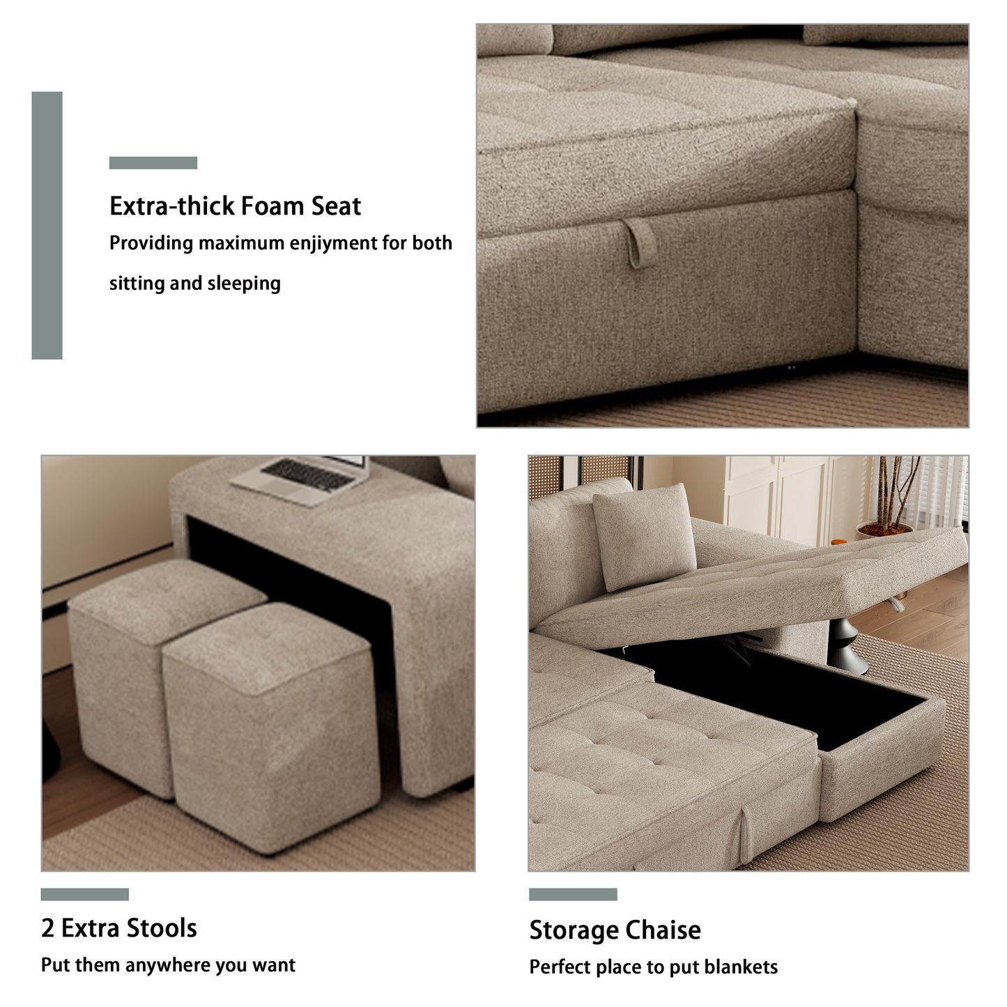 Modern L-Shape 3 Seat Reversible Sectional with Pull Out Sleeper - Cream - detail view 7
