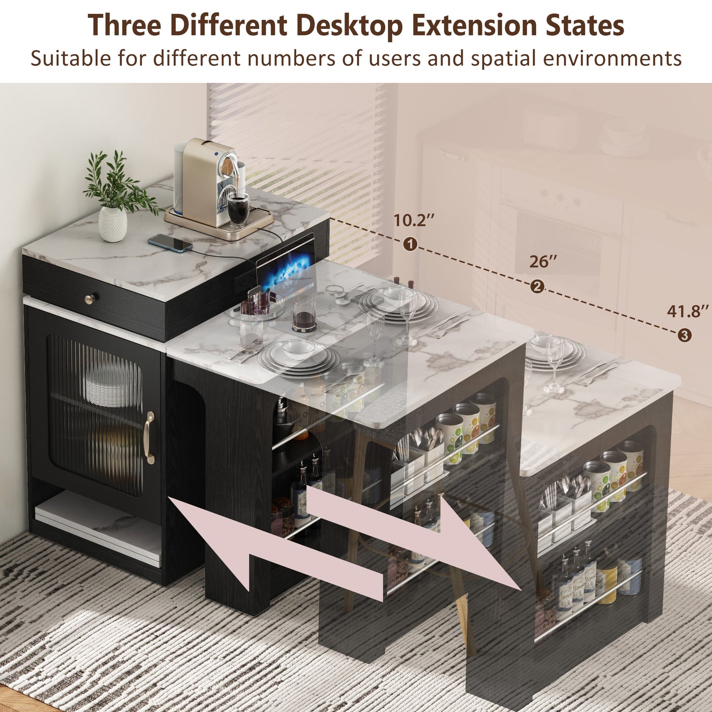 K&k 59.5' Kitchen Island with Extendable Dining Table - Black - detail view 5