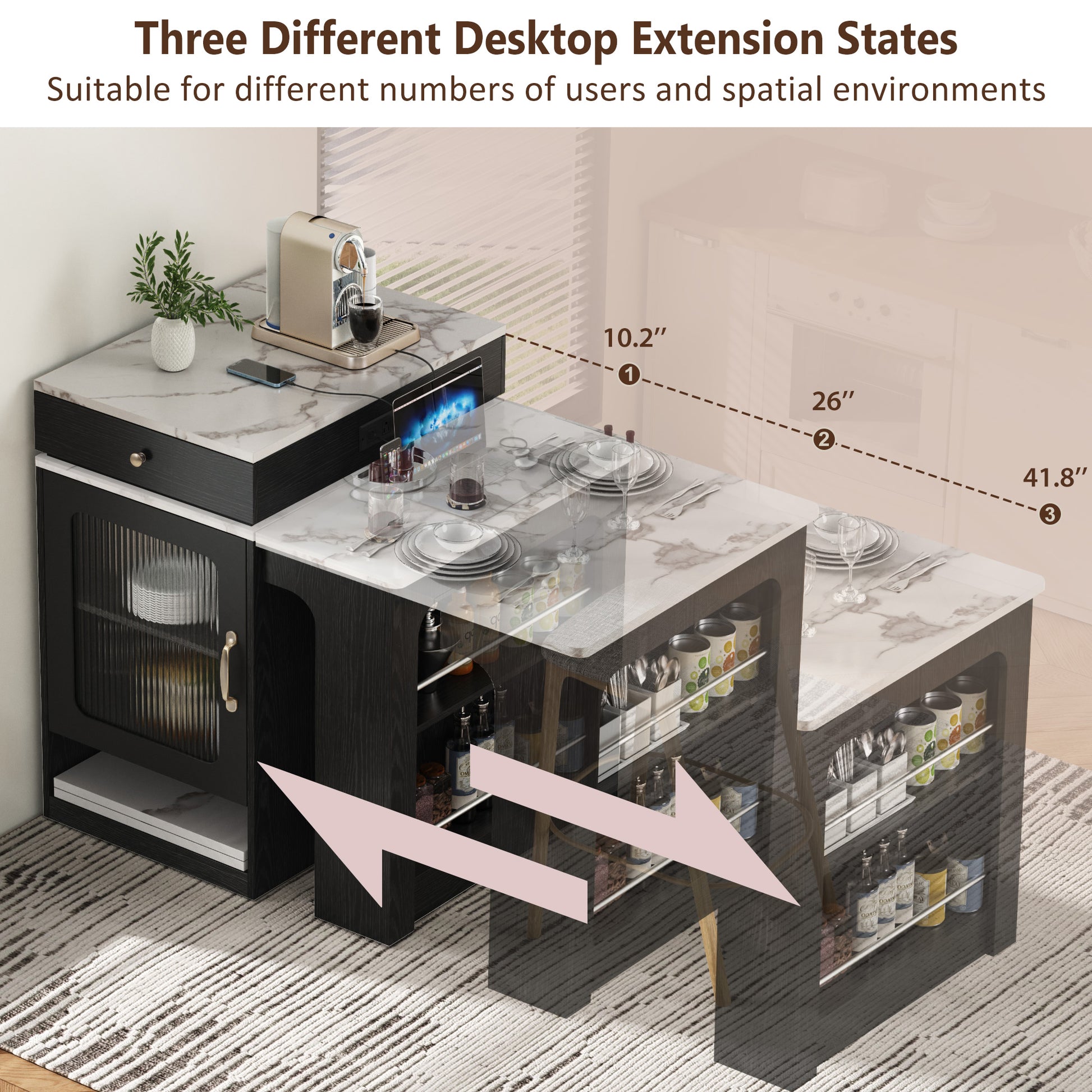 K&k 59.5' Kitchen Island with Extendable Dining Table - Black - detail view 5