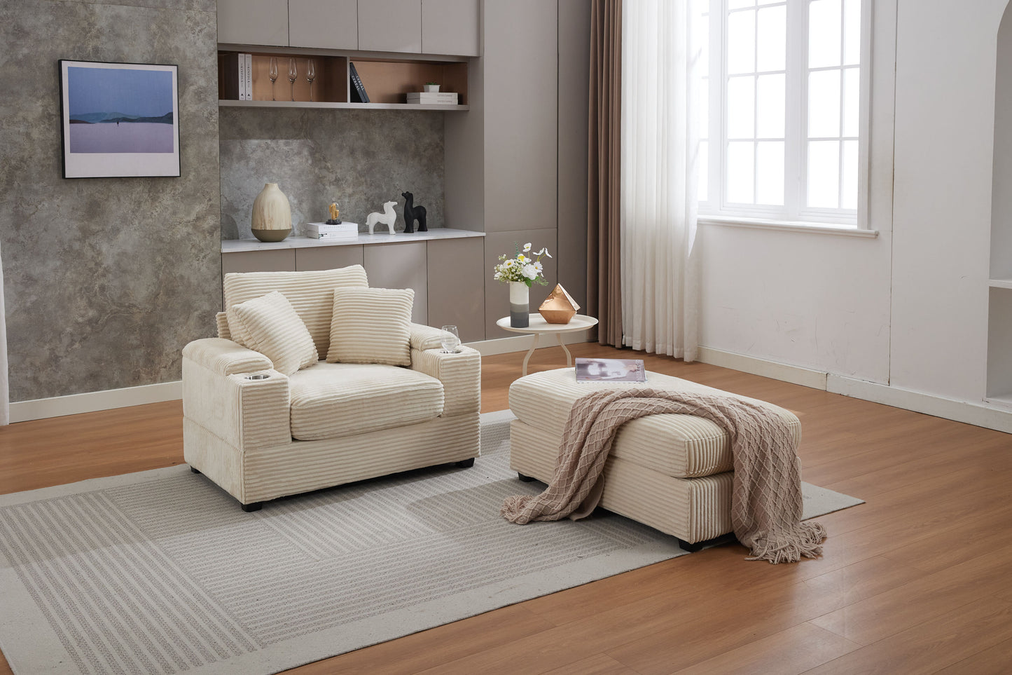[video/new]corduroy Upholstered Chaise Lounge Sofa with Handrail Storage - Beige - detail view 4