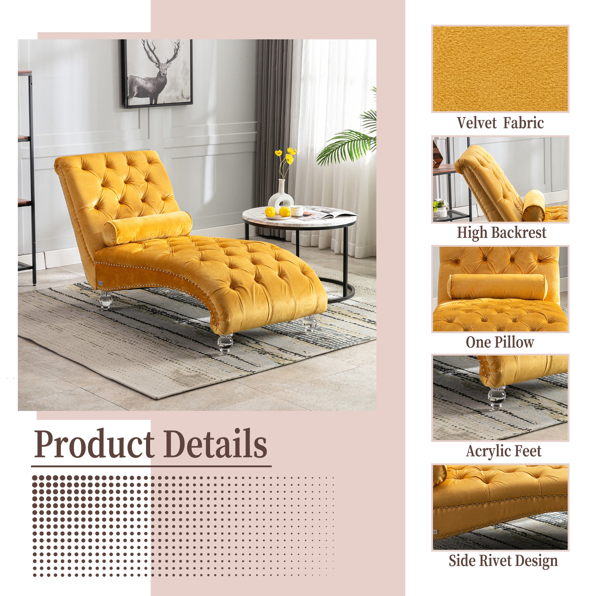 Mustard Velvet Tufted Chaise Lounge with Wood Legs - detail view 5