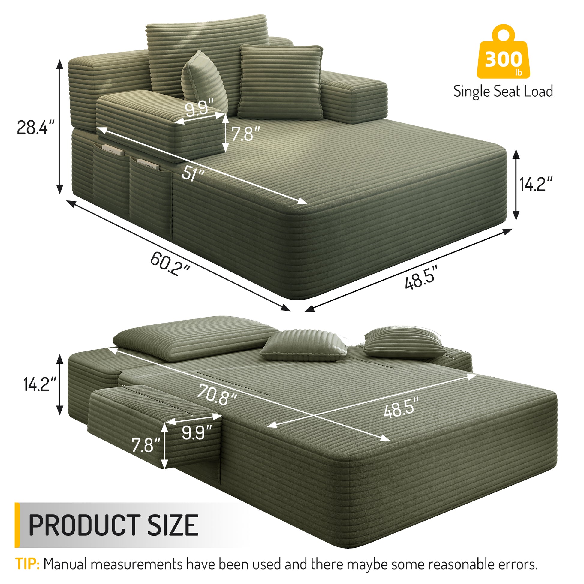 Luxurious Plush Corduroy Chaise Lounge with 3 Pillows - Green - detail view 2