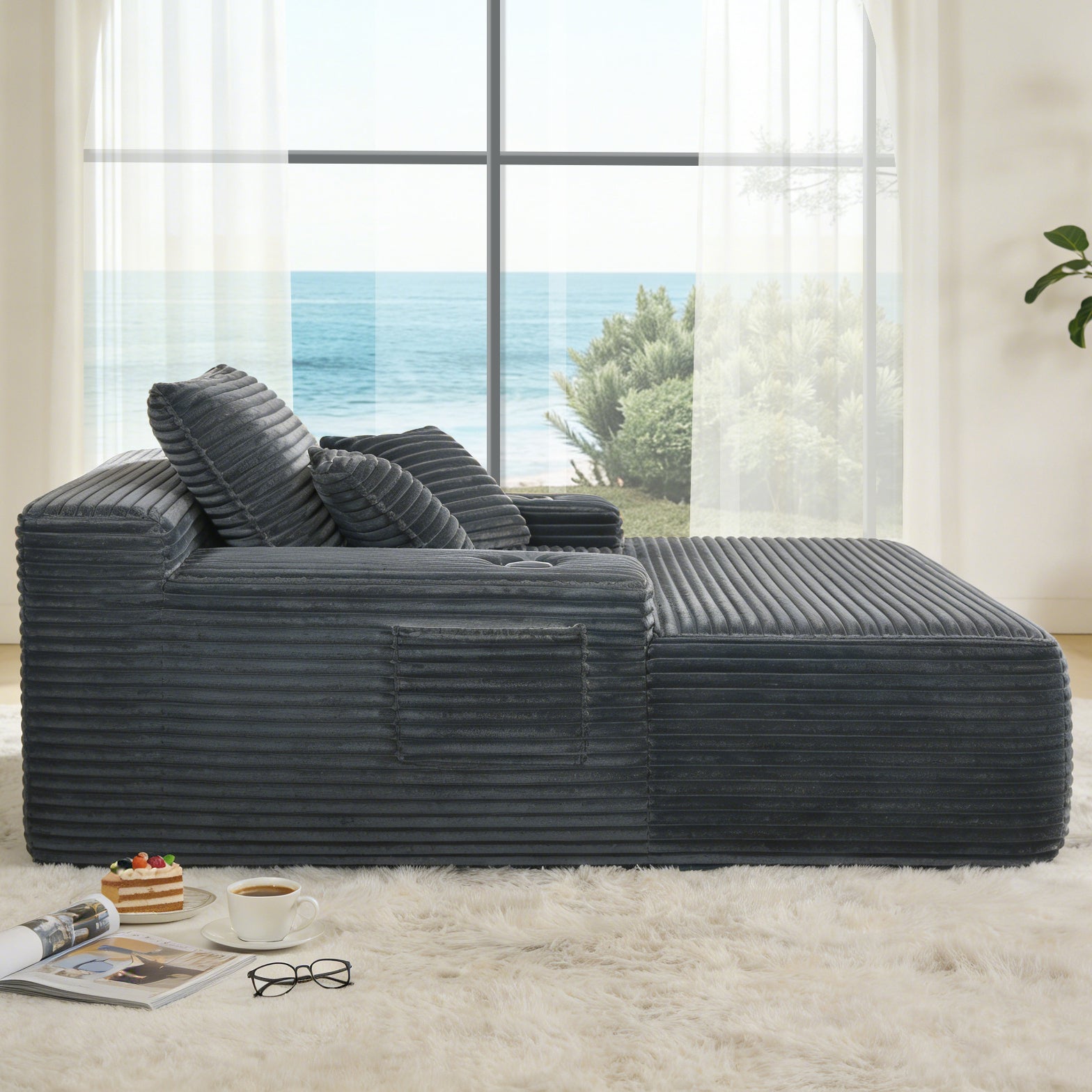 NEW Convertible Chaise Lounge Chair Plush with Wide Armrest & Throw Pillows - Grey - detail view 4