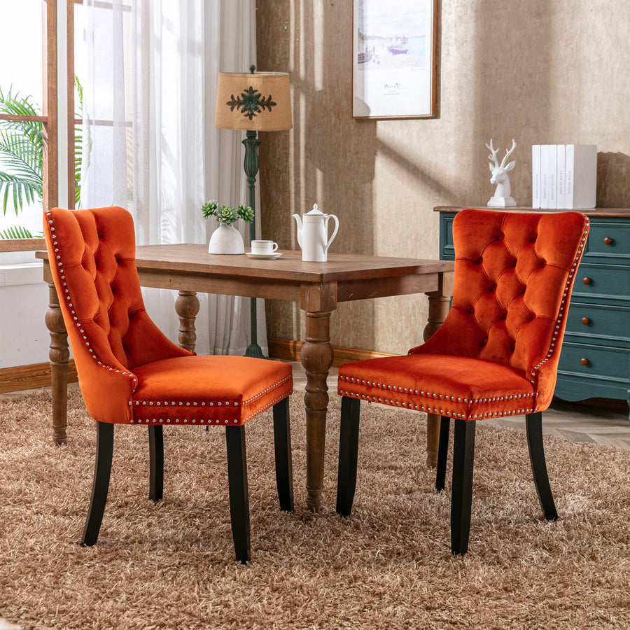 Orange Velvet Tufted Nailhead Trim Dining Chairs with Wood Legs (Set of 2)