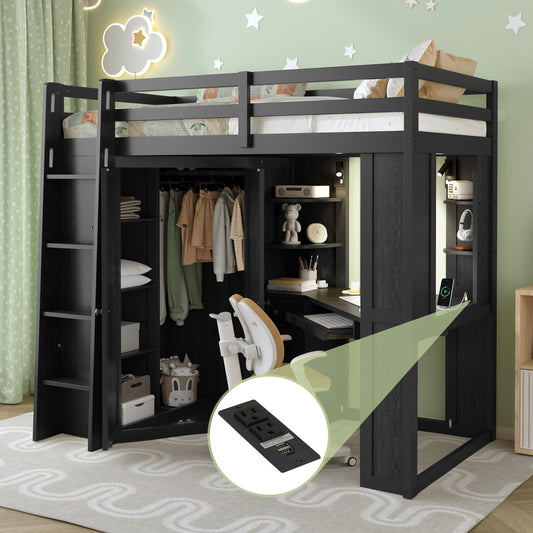 Twin Size Loft Bed with Integrated Large Wardrobe and Desk - Black - primary color shot