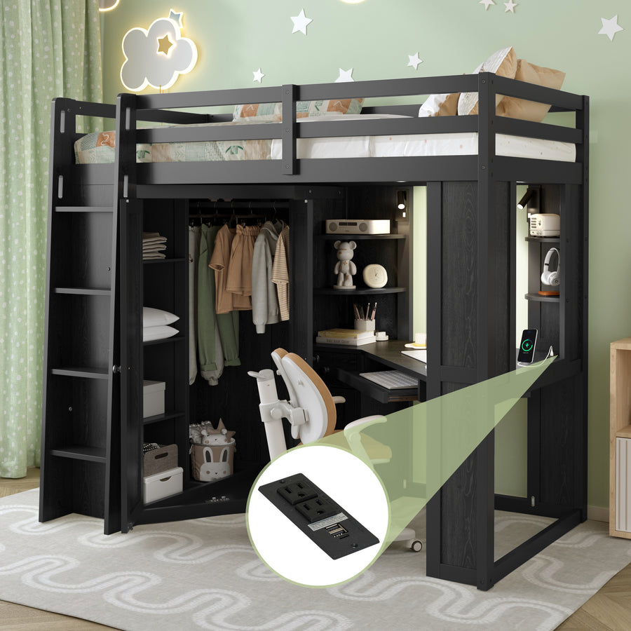 Twin Size Loft Bed with Integrated Large Wardrobe and Desk - Black - primary color shot