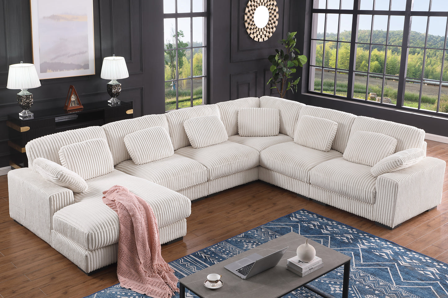 Nadine 155.5'W Beige Corduroy Modular Corner Sectional Sofa with Left-Facing Chaise - detail view 2