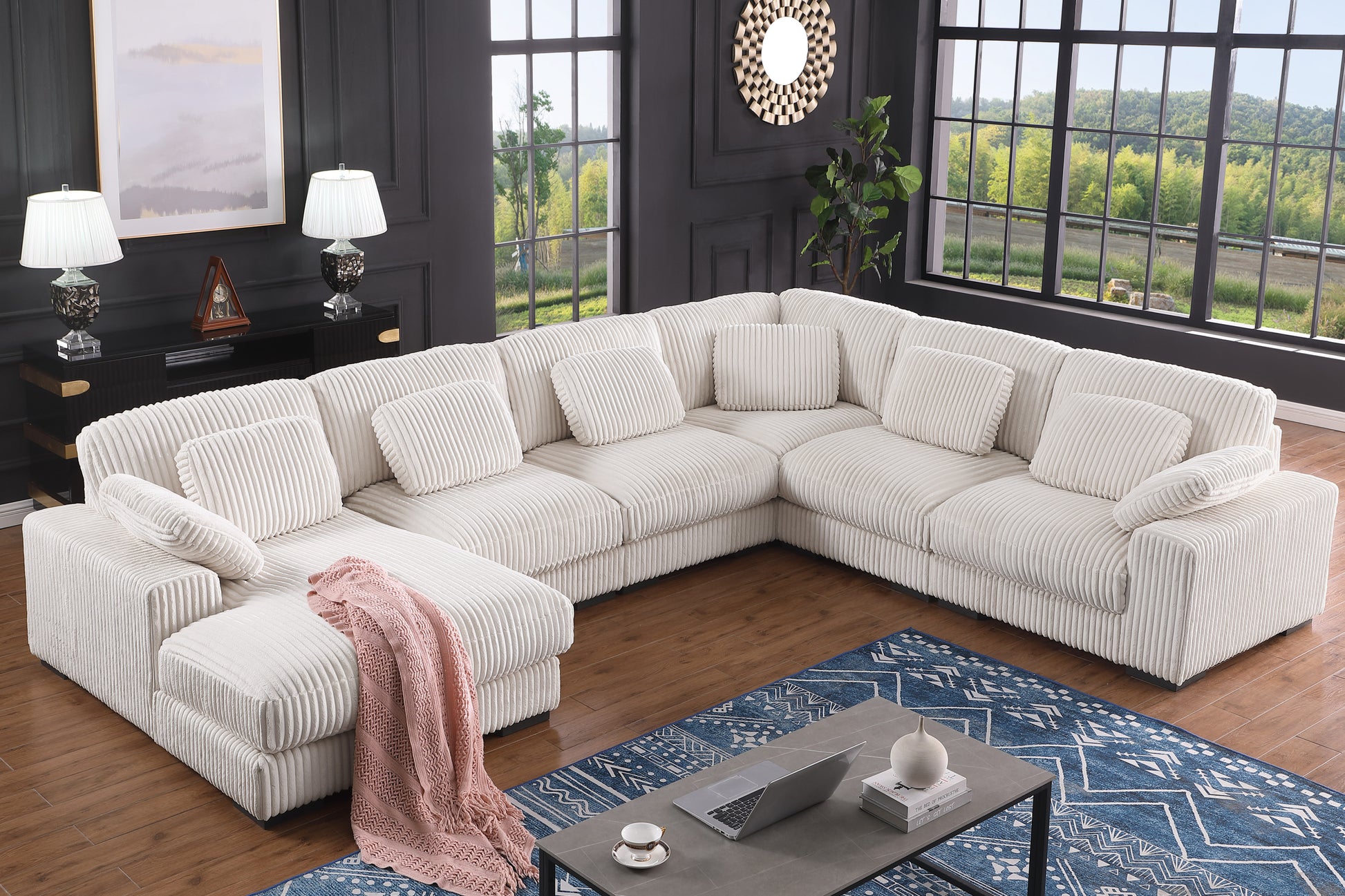 Nadine 155.5'W Beige Corduroy Modular Corner Sectional Sofa with Left-Facing Chaise - detail view 2