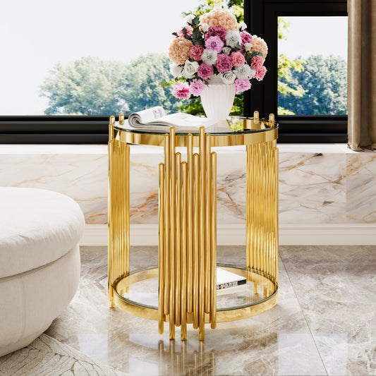 Modern Transparent Glass End Table for Living Room, Round, Asymmetrical Metal, Gold Finish & Lower Shelf, 19.8'