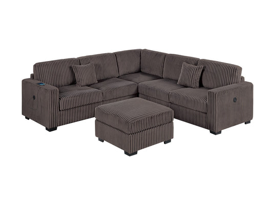 Living Room Corduroy Upholstered Chocolate 4pc Sectional Set RAF/LAF One-Arm Loveseat W/USB, Corner Wedge, Cocktail Ottoman Cushion Couch - detail view 2