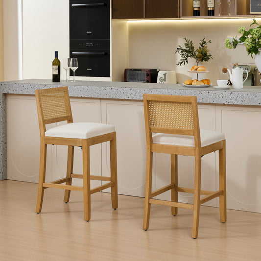 Beige Linen Bar Stool with Wood Legs (Set of 2)