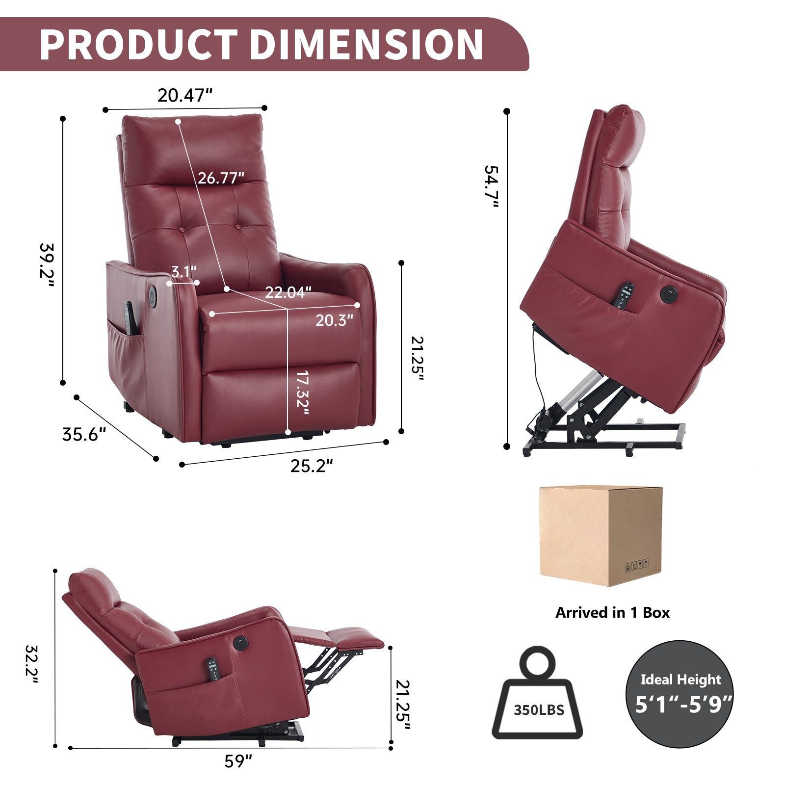 Wine Red PU Single Motor Power Lift Recliner Chair with Massage and Heat for Elderly - detail view 2