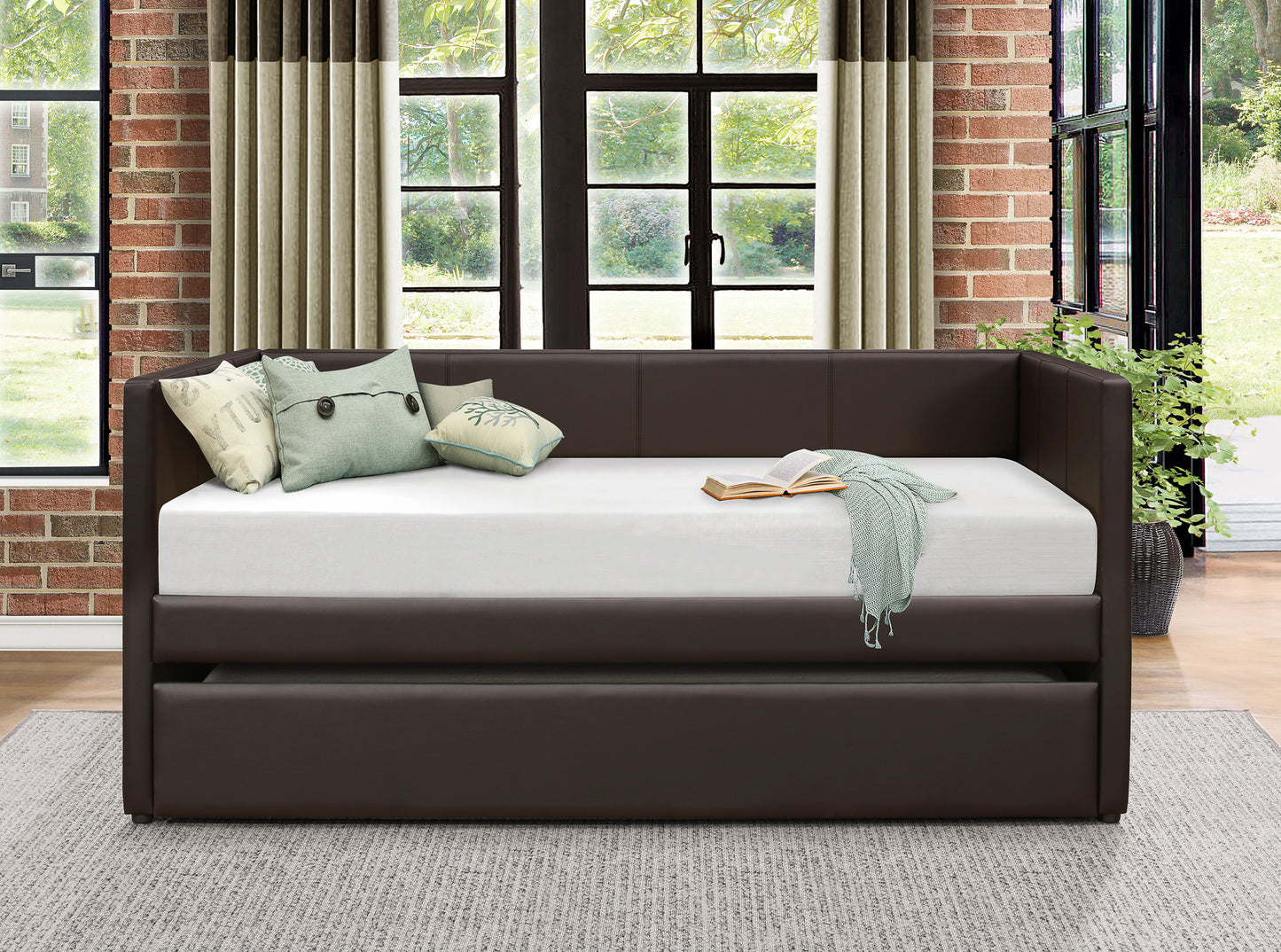 Laken Brown Faux Leather Contemporary Daybed with Trundle