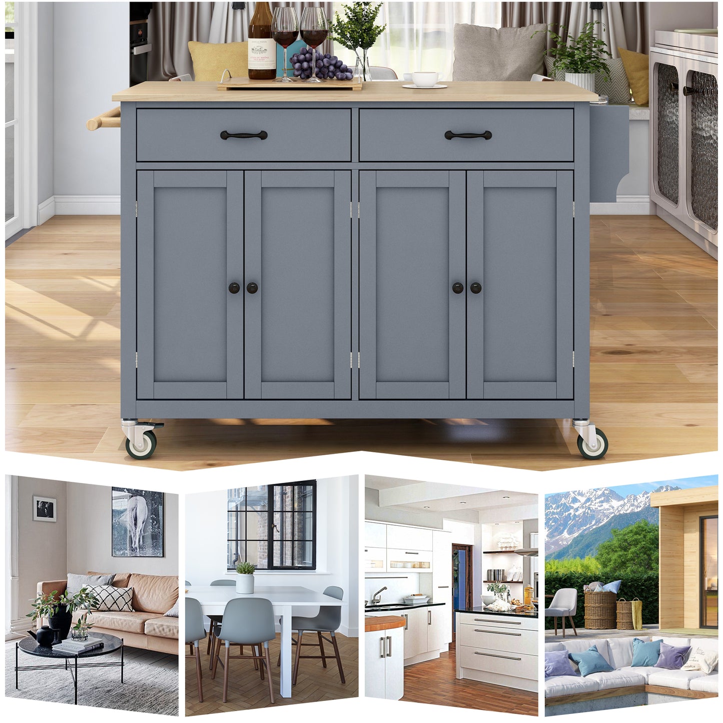 Kitchen Island Cart with Solid Wood Top & Locking Wheels - Blue - detail view 7