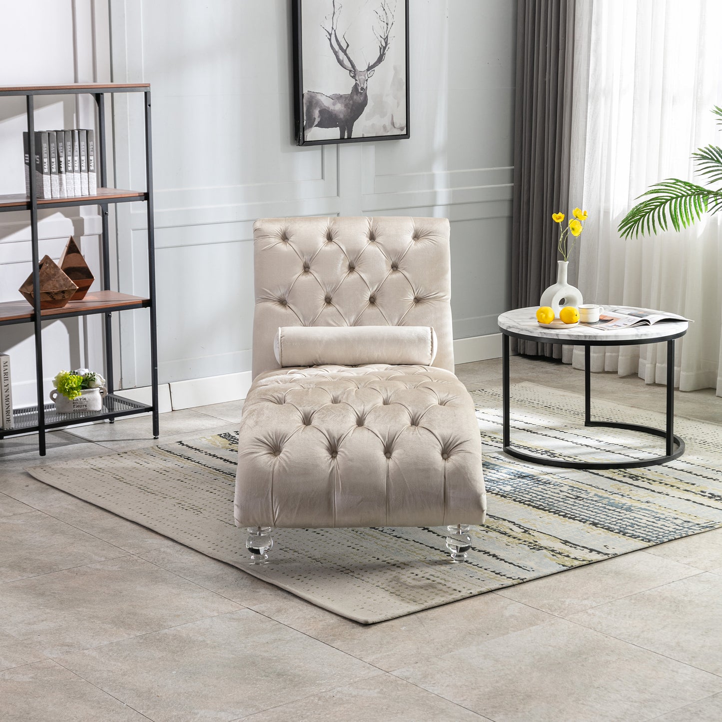 Beige Velvet Tufted Chaise Lounge with Wood Legs - detail view 3