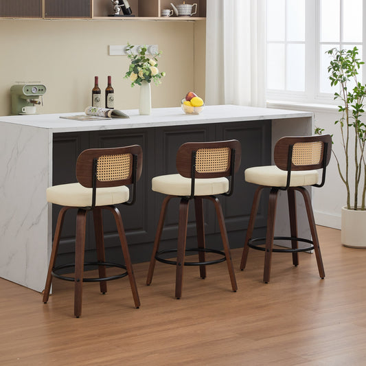 Beige PU Leather Counter Height Stool with Wood Legs (Set of 3)
