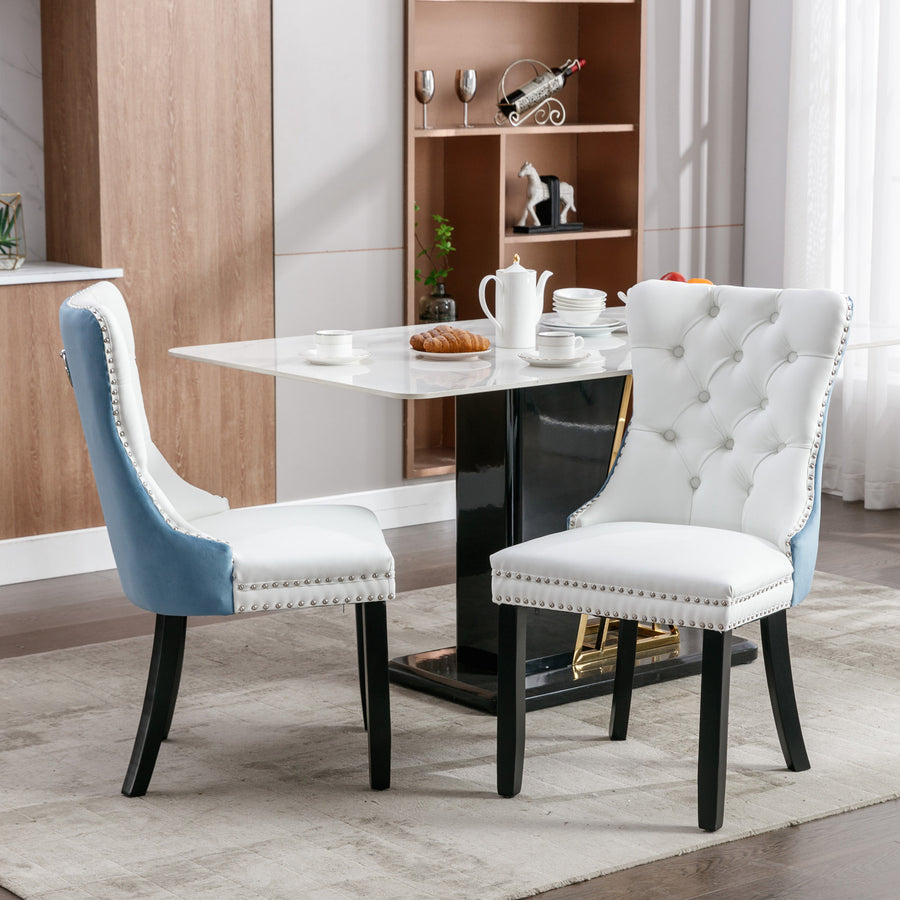 White PU PU Leather Tufted Nailhead Trim Dining Chairs with Wood Legs