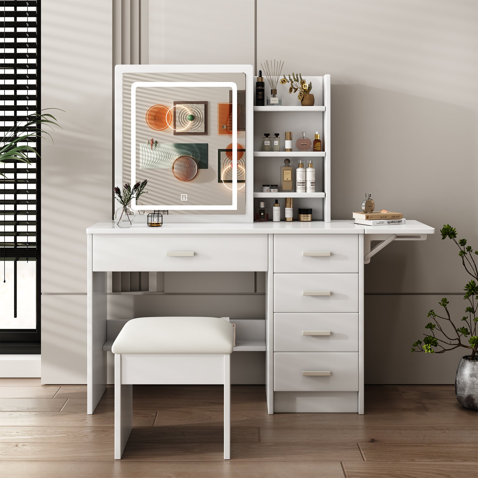 Contemporary White Bedroom Vanity Set with LED Mirror