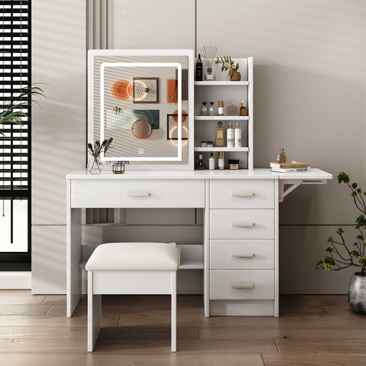 Contemporary White Bedroom Vanity Set with LED Mirror