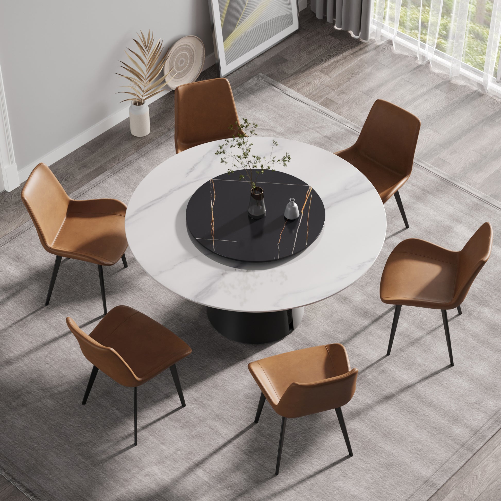 Caspian II 59" Round Modern Faux Marble Dining Table, Black & White