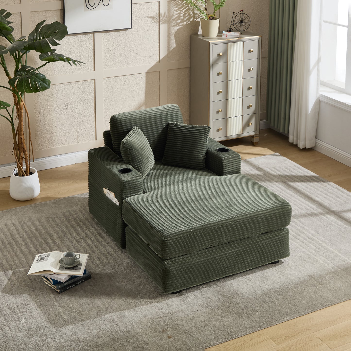 [new]corduroy Upholstered Chaise Lounge Sofa - Green - detail view 5